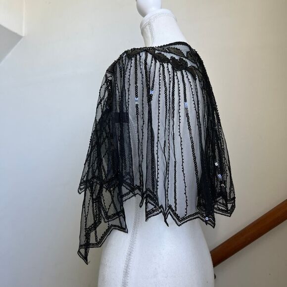 Sheer black beaded fishnet cape shawl topper Rachel Zoe flapper whimsygoth - Picture 3 of 9